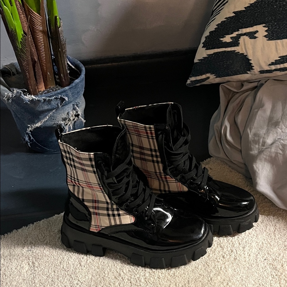 Plaid and Black Patent Combat Boots
